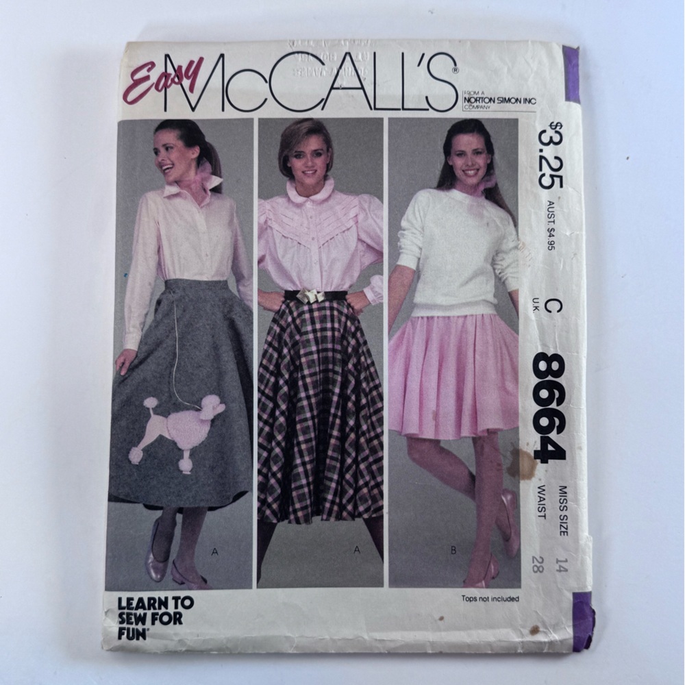 3/$20 McCall’s 8664 Vintage Sew Pattern – Circle Skirt Poodle Appliqué – size 14